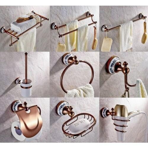 Rose Gold Brass Bathroom Accessories Set,Robe hook,Paper Holder,Towel Bar,Soap basket,Bathroom sets ZJ021