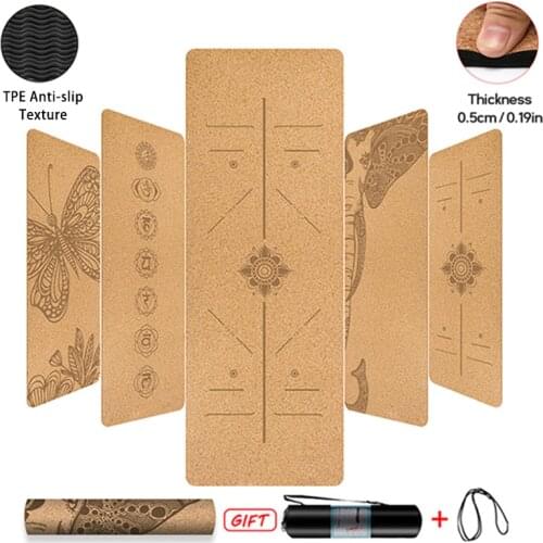 Natural Cork TPE Yoga Mat For Fitness 5mm Exercise Gymnastics Mat Pilates Exercise Non-slip Yoga Mats With Position Body Line