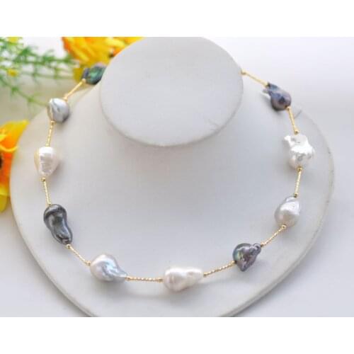 P7433 18" 21mm Black White Gray Baroque Reborn KESHI Pearl Choker Necklace