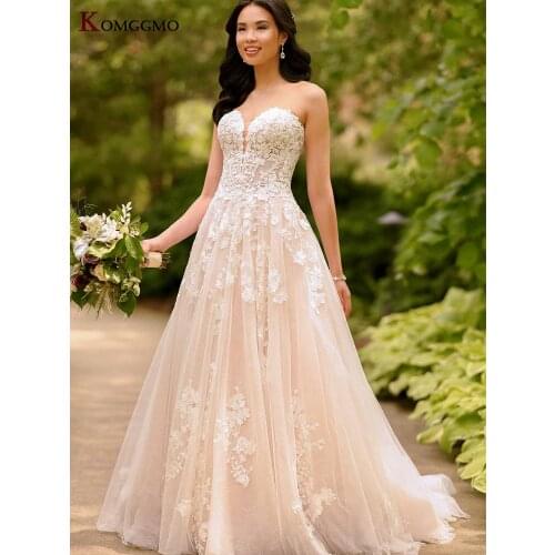 Custom Made Strapless Button Back Chapel Train Wedding Dress High-End Sleeveless Embroidery Appliques Tulle Bridal Ball Gown