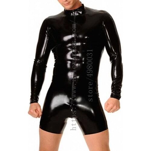 Front zipper to back waist design catsuit mens black latex bondage bodysuit what is made of 0.4mm natural latex materials