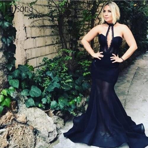 Sexy Dark Navy Blue Mermaid Prom Dresses Halter Off The Shoulder Long Prom Gowns Robe De Soiree Formal Dress 2020