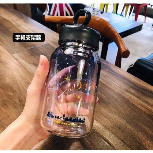 Star Water Cup Gradient Color Cup Female Student Korean Style and Lovely Hand Cup Portable Simple Creative Glass Bottle with lid
