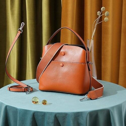 Fashion Buttons Design Caramel Solid Color Bucket Bag All-match Genuine Leather Womens Handbag 2 Straps Female Shoulder Bag