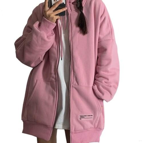 New Winter Zipper Women Hoody Top Korean Loose Harajuku Female Sweatshirt Long Sleeve Vintage Pink To Keep Warm Lady Pullover