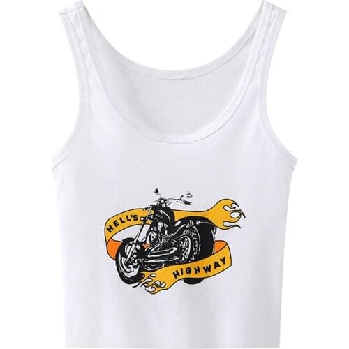Slim Girls Soft Cotton T-shirt 2021 Summer Fashion Ladies High Waist Women Motorcycle Print Ribbed Vest Strap