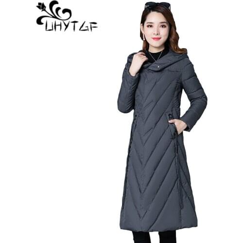 UHYTGF Down Jacket Women Winter Cotton Coat Hooded Mid-Length Slim Warm Parker Female 5XL Plus Size Outwear Elegant Clothes 1209
