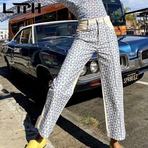 LTPH vintage blue white grid denim trousers straight wide leg streetwear casual splicing pocket plaid pants women 2021summer new