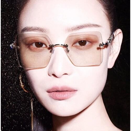 Square rimless sunglasses women fashion style gradient grey lens with Crystal legs