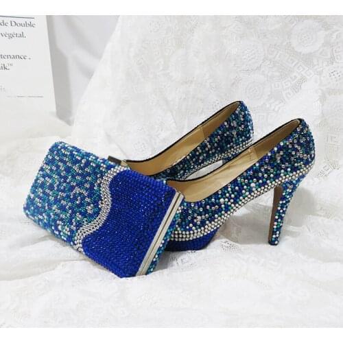 Royal Blue Multicolor Crystal wedding shoes with Macthing bags Ladies Fashion shoes and bag set High platform shoes woman