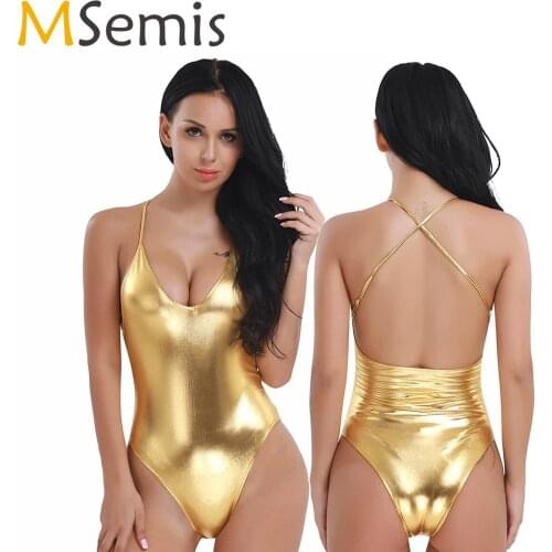 Women Adult Patent Leather High Cut Thong Monokini Pole Dancing Clubwear Bodycon Dance Costumes Gymnastic Leotard Bodysuits