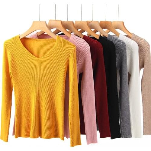 Womens Autumn V-neck Knitted Sweater 2020 New Solid Color Long-sleeved Sweater Base Korean Stretch Slim Pullover Women Chothing