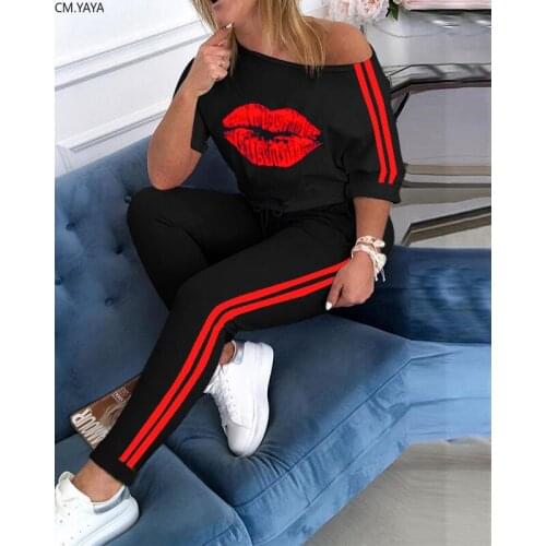 CM.YAYA Autumn Sport Lips Print Tops Striped Womens Set Jogger Pants Suit Active Wear Tracksuit Two Piece Set Fitness Outfit