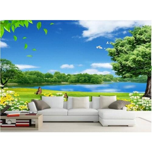 3d wallpaper custom photo mural Grass flower lake trees natural beauty painting 3d wall mural wallpaper for living room decor