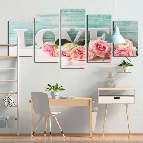 5 Panels Modern Pink Flowers Green Wooden Board Declaration Of Love Printed Flower Paintings Canvas Picture Home Decoration