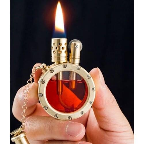 Handmade Pure Copper Gasoline Lighter Quartz Visible Transparent Oil Tank Lighters Portable Round Collection Gift for Man