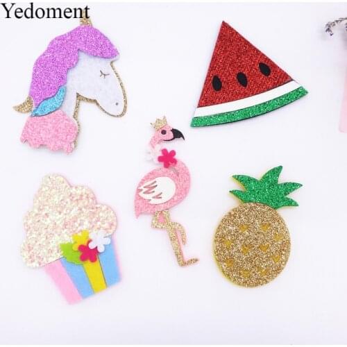 10PCS Glitter Leather/Non-Woven Fabric Cake/Fruits/Flaming For Hair Clips Bows Applique Patches DIY Craft Party Decoration Y0315