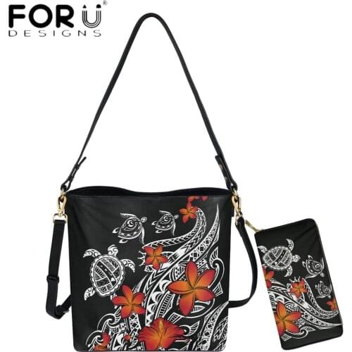 FORUDESIGNS Brand Design Women Bucket Bag And Purse 2pcs Set Hawaiian Map Turtle Swim Plumeria Polynesian Print Handbag Mujer