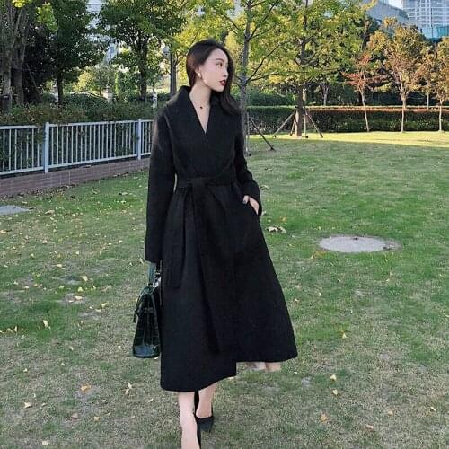 Black double-faced alpaca coat with waisted skirt