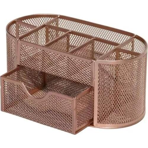 Black Powder-Coated Metal Mesh Pencil Cup Pen Holder 9 Compartments With Drawer Multi-Functional Desk Organizer Storage Caddy