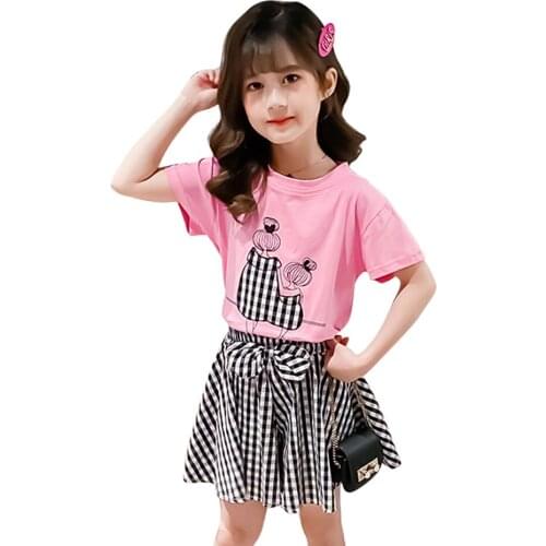 Kids Clothes Girls Plaid Tshirt + Skirt Clothes For Girls Floral Pattern Girl Clothing Summer Childrens Clothing 6 8 10 12 14
