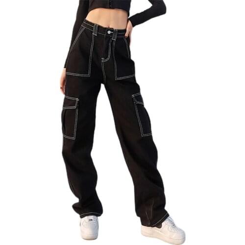 Denim Cargo Pant Pockets Patchwork Vintage jeans Jeans Loose Pants Cotton Fashion Streetwear High Waist Straight Harajuku