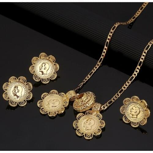Ethiopian Gold Color Coin Necklace Pendant Earrings Ring Habesha Wedding Eritrea Africa Jewelry Set