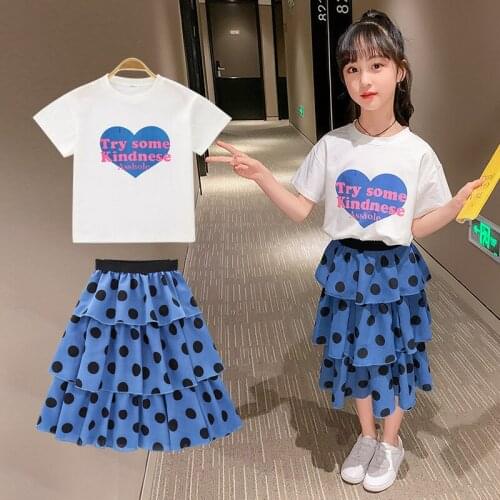Summer Clothes For Girls Short Sleeve T Shirt+Dot Cake Dress Sets Teen Girls Clothes Set Children Clothing 4 6 8 10 12 13 Years