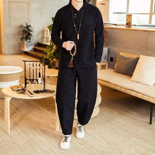 Chinese Style Men Cotton Linen Retro Style Han Tang Suit Slim Chinese Tunic Costume Mens Clothing Top+Pants White Long Sleeves