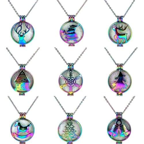 60cm Aroma Diffuser Necklace Rainbow X'mas Deer Snowman Lockets Pendant Perfume Essential Oil Aromatherapy 60cm Chain Necklace