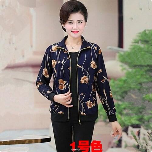 UHYTGF Women Spring Autumn Jacket Fashion Printing Mother Short Coat Long-Sleeved Zipper Loose Thin 5XL Plus Size Outerwear 1481