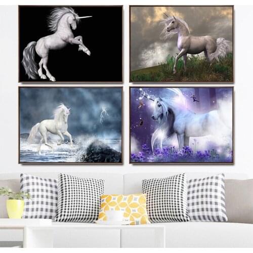 Myth Animal White Unicorn Canvas Art Wall Art Poster Pictures For Living Room Home Decor Cuadros Wall Canvas Print Paintings