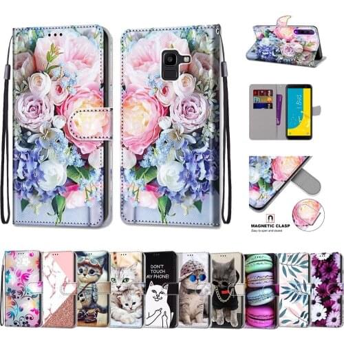 Fashion Painted Flowers Flip Phone Cases For Samsung Galaxy J6 J4 2018 J4 J6 Plus J730 J530 J330 J710 J510 Leather Wallet Cover