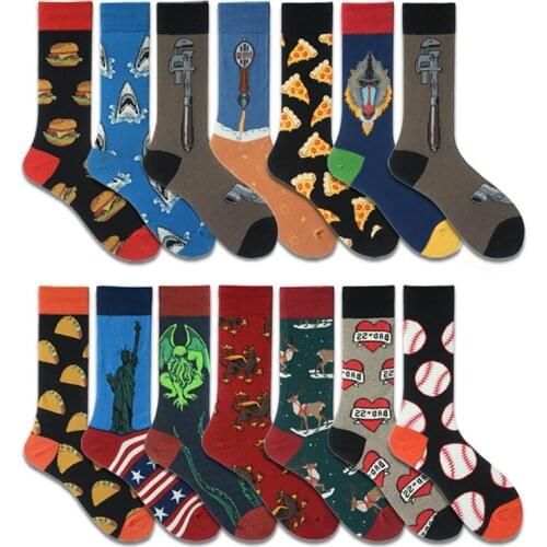 5 Pairs/lot Happy Men Socks Beer Pizza Hamburg Dinosaur Novelty Funny Socks Men Hip Hop Calcetines Hombre Divertido Skarpetki