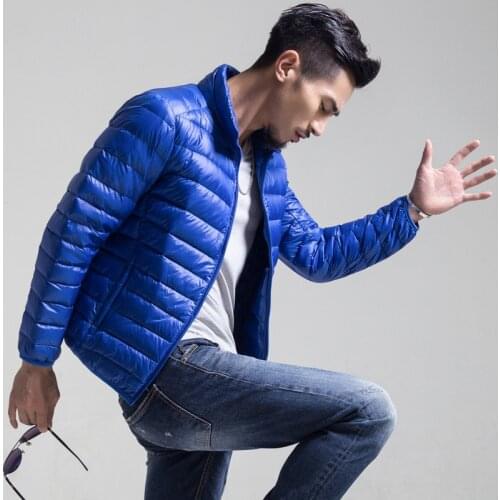 2019 Autumn Winter mens White duck down jacket outdoor light and thin Solid color down coat male slim Stand collar zip outwear