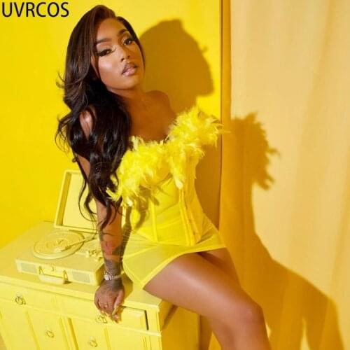 UVRCOS Bodycon Mini Dress Sexy Club Wear Feathers Mesh Patchwork Sleeveless Strapless New Design Bar Party Hot Cyber Y2k Dresses