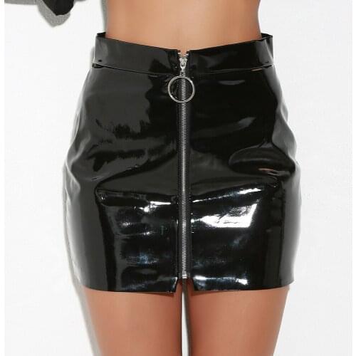 Sexy Skirts Womens Black White High Waist Skirt PU Leather Metal Hoop Zipper Pencil Skirt Slim Mini Skirt faldas mujer moda