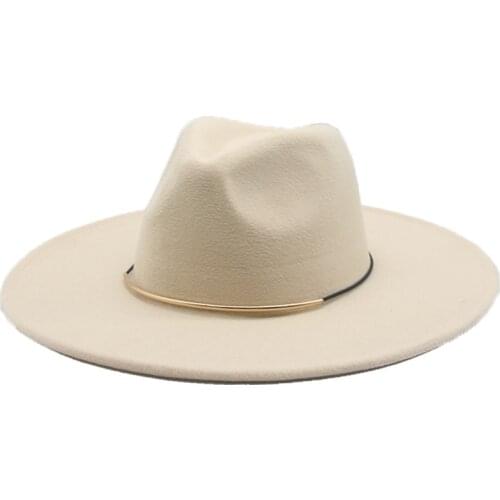 Women hats fedora 9.5cm big brim solid color band belt gold chain felt hats formal church wedding classic white winter hats men