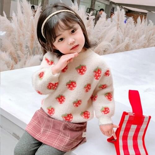 Girl Sweater Kids Outwear Tops 2021 Strawberry Fleece Thicken Warm Winter Autumn Knitting Christmas Pullover Children Clothing