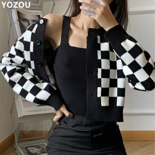 YOZOU Fall Women 2 Pieces Set Vintage Korean y2k Plaid Checkerboard Black White Purple Knitted Cardigan Sweater With Cami Female