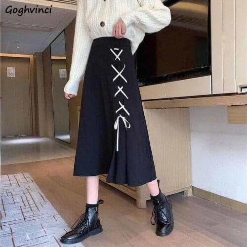 Skirts Women Summer Design A-line High Waist All-match Fashion Cross Bandage Office Lady Korean Style Solid Black Streetwear Ins