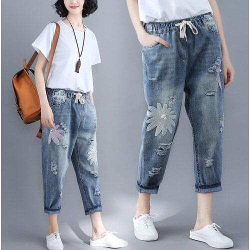 Women Female Summer Fashion Brand Korea Style Vintage Snowflake Print Hole Elastic Waist Ankle-length Pants Denim Jeans Trousers