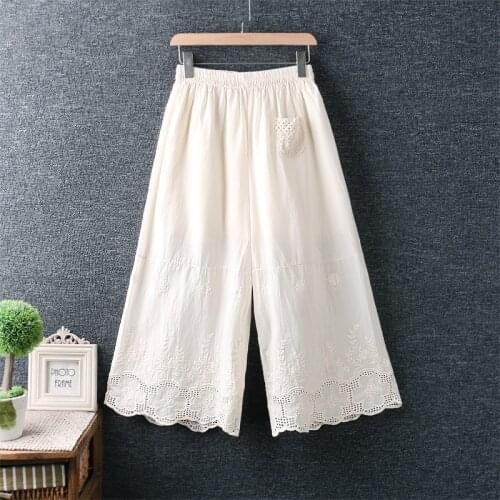 Lamtrip Literary Artistic Fresh Elastic Waist Flower Embroidery Loose Wide-Leg Pants Cotton Women