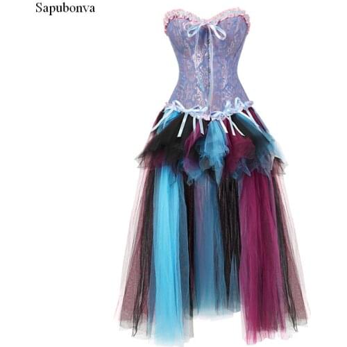 Sapubonva corset dress costume victorian corset gowns corsets and bustiers long skirt set party plus size vintage style blue