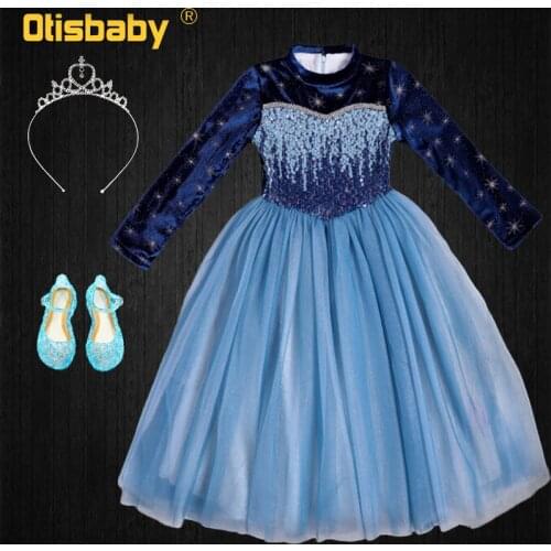 Boutique Winter 2020 Snow Queen Long Sleeve Velvet Elsa Princess Dress for Girls Shining Gradient Sequins Party Snowflake Dress