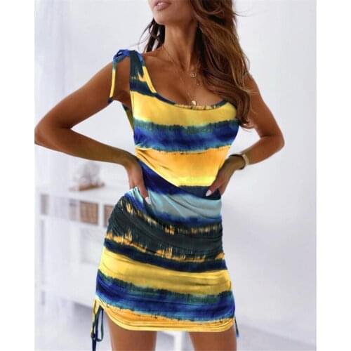 Drawstring Summer Dress Women High Waist Mini Dresses Pullovers Slim Dress for Women Lace Up Vest Dresses Sundress Vestidos 2021