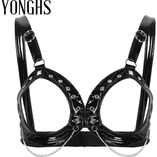 Womens Lingerie Hot Bra Top Wet Look Patent Leather Adjustable Shoulder Straps Open Cups with Metal Chains Wire-free Bra Top