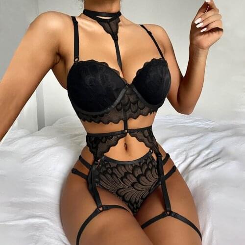 Summer Ladies Siamesed Sexy Underwear Adults Women Creative Feather Embroidery Hanging Neck Backless Tie Up Jumpsuits