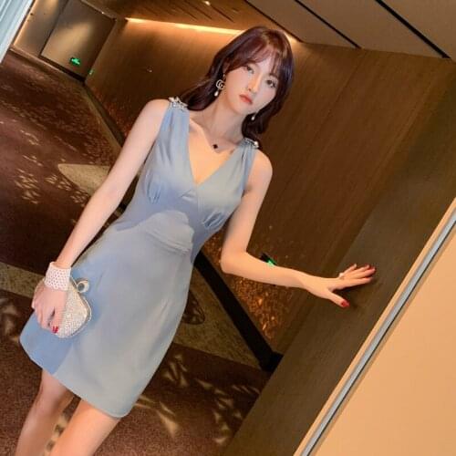 2020 Women V Neck Sleeveless Wrap Bodycon Pencil Dress Summer OL Office Work Blue Dresses Women Vestidos Elegant Party Dress