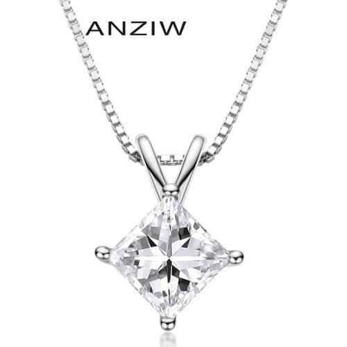 925 Sterling Silver White/Yellow Gold Color Women Princess Cut Pendant Necklace with 40+5cm Silver Chain Jewelry collares fiesta